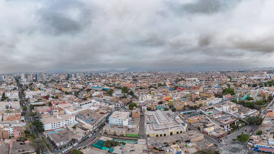 Panoramic aerial image of the Barranco neighborhood in Lima, Peru. Next to the Pacific Ocean with its houses, businesses and bohemian appeal. Image from 2023.