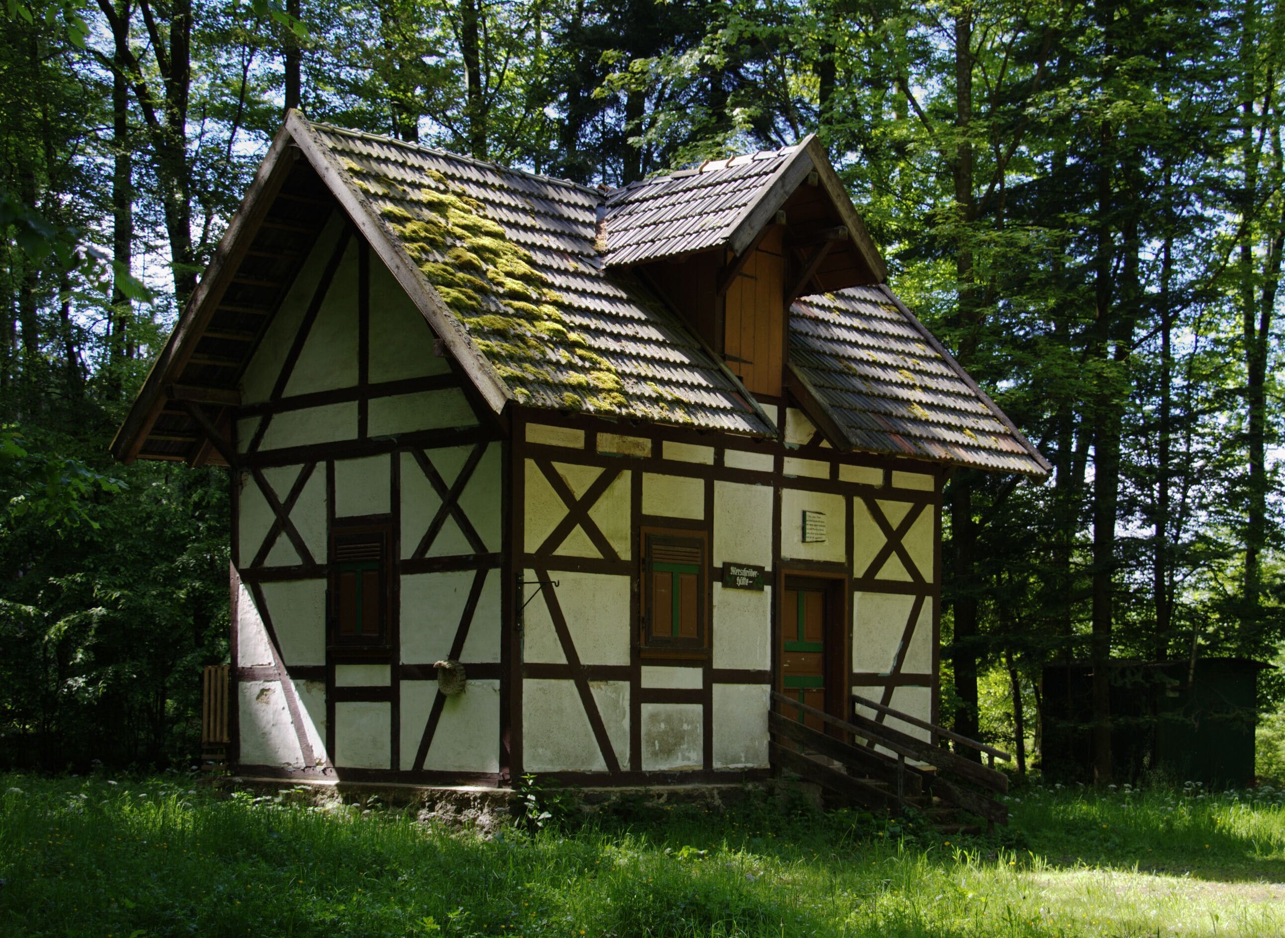 Half-timbered building called "Merschroeder Huette" in Romrod east of Strebendorf, Hesse, Germany