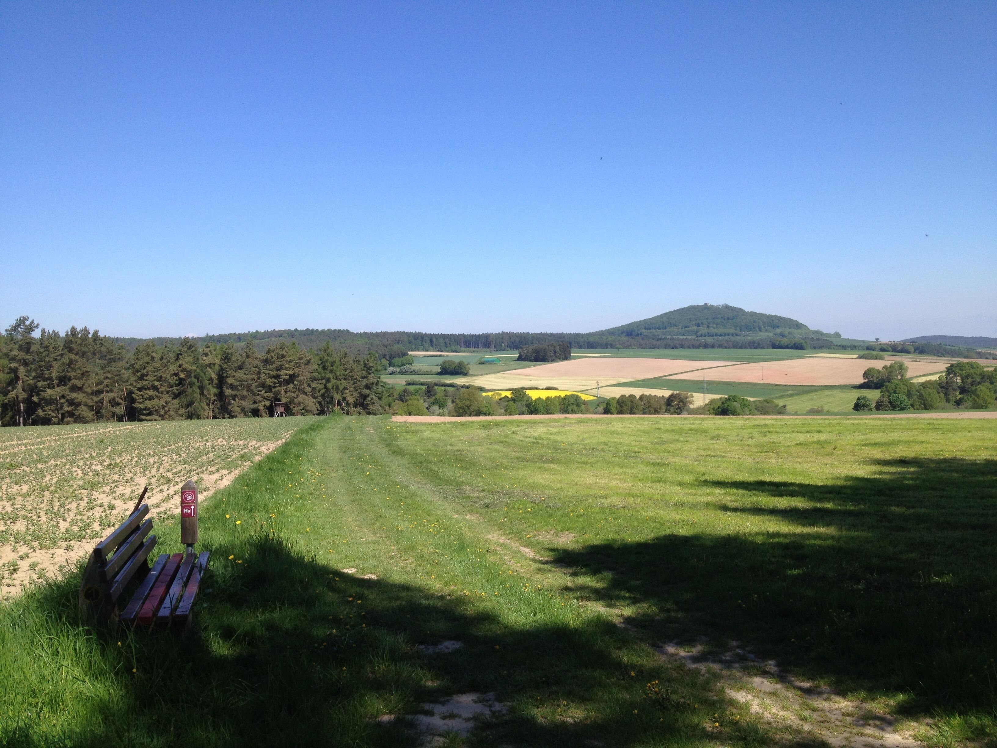 Der Habichtswaldsteig und der Eco Pfad Archäologie Naumburg auf Wiesenwegen westlich von Naumburg (Hessen) mit Blick über den Wintersgrund zur Weidelsburg