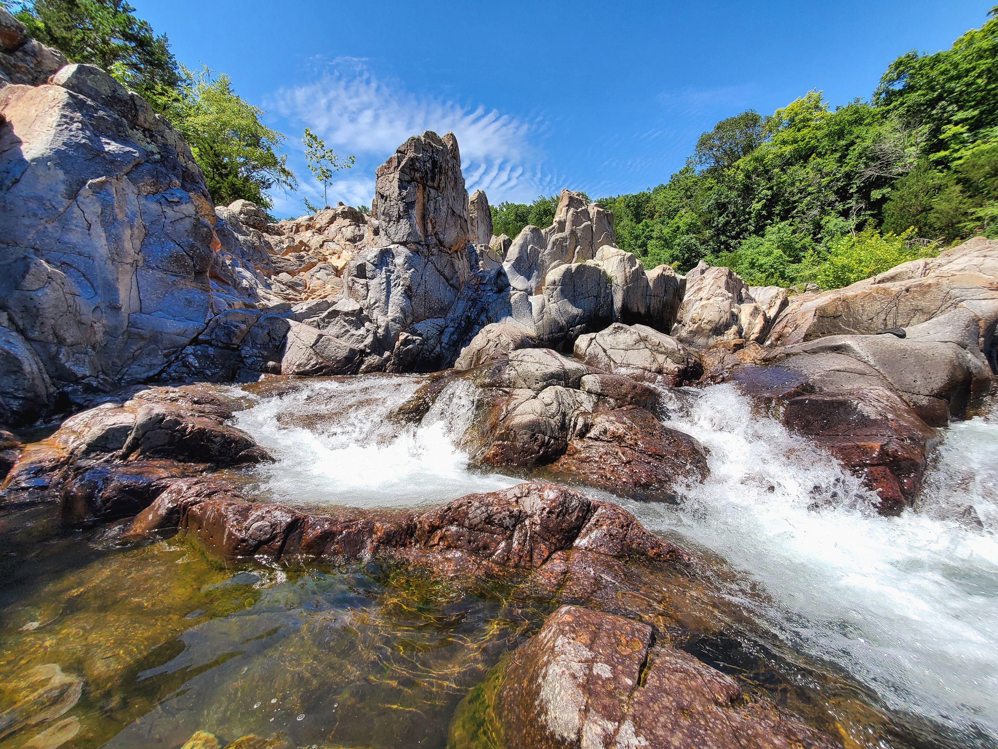 Waterfall over rocks at Johnston Shutings Stake Park in Ironton, MO