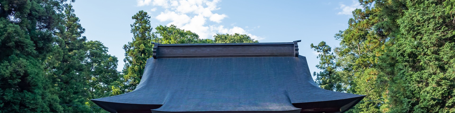 A traditional Japanese temple with a curved roof, surrounded by lush greenery.