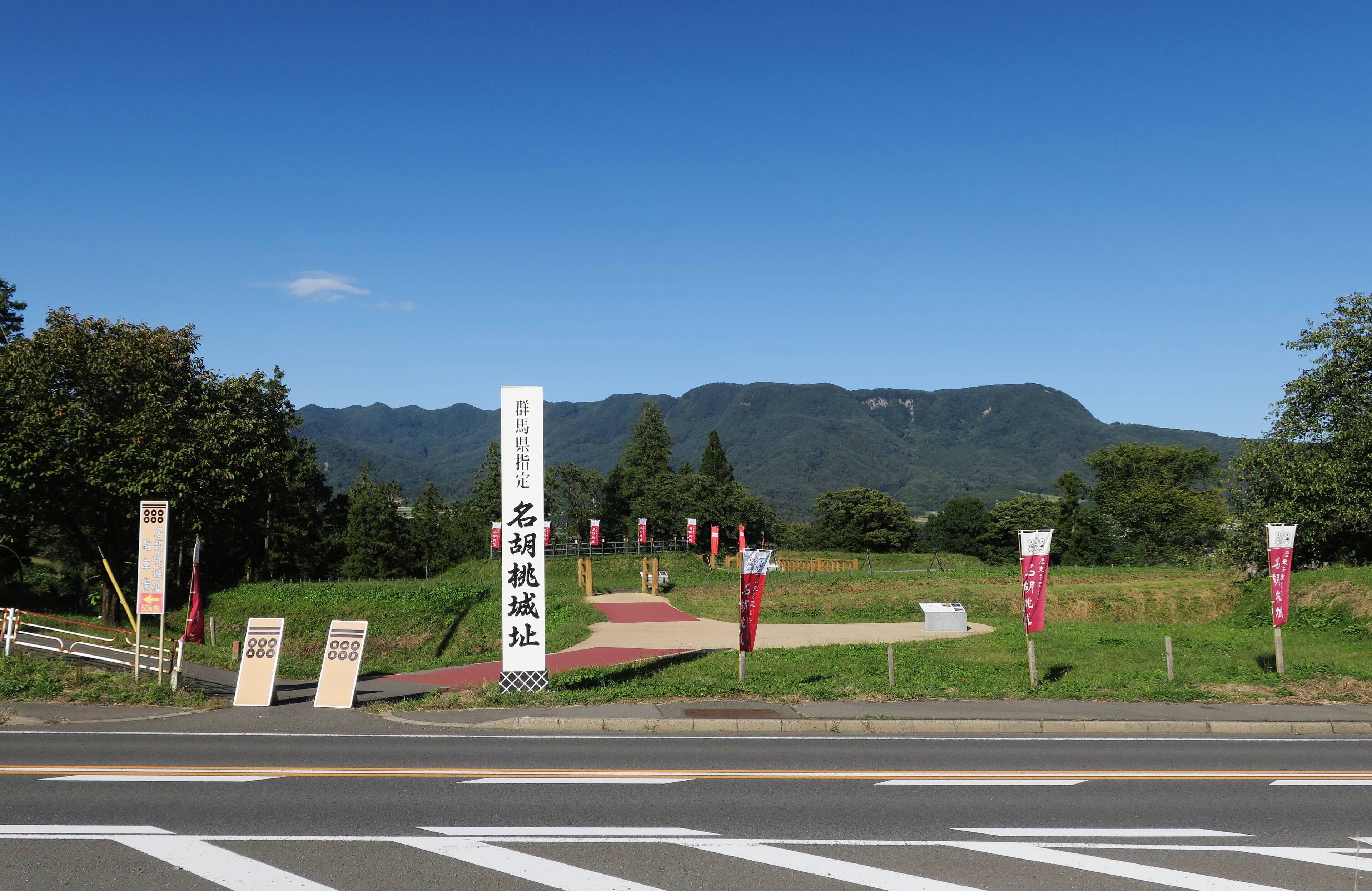 A road intersection with a pedestrian crossing, a signpost with Japanese characters, and a mountain range in the background.