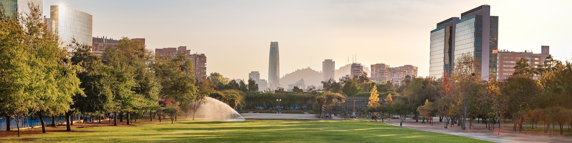 Panoramic view of Santiago skyline at Araucano Park - Santiago, Chile