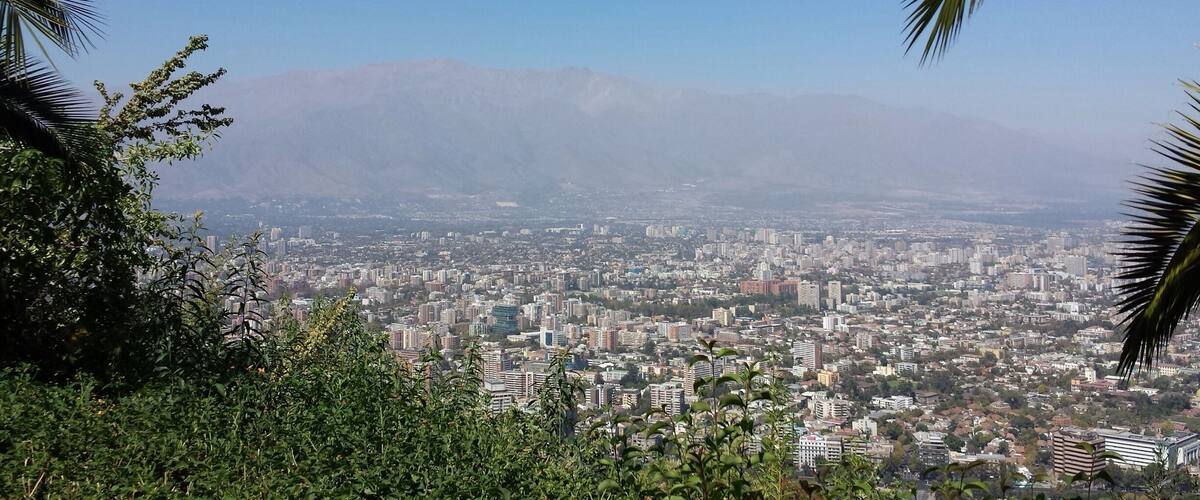 View of Santiago from Cerro San Cristobal with the Andes mountains in the distance.