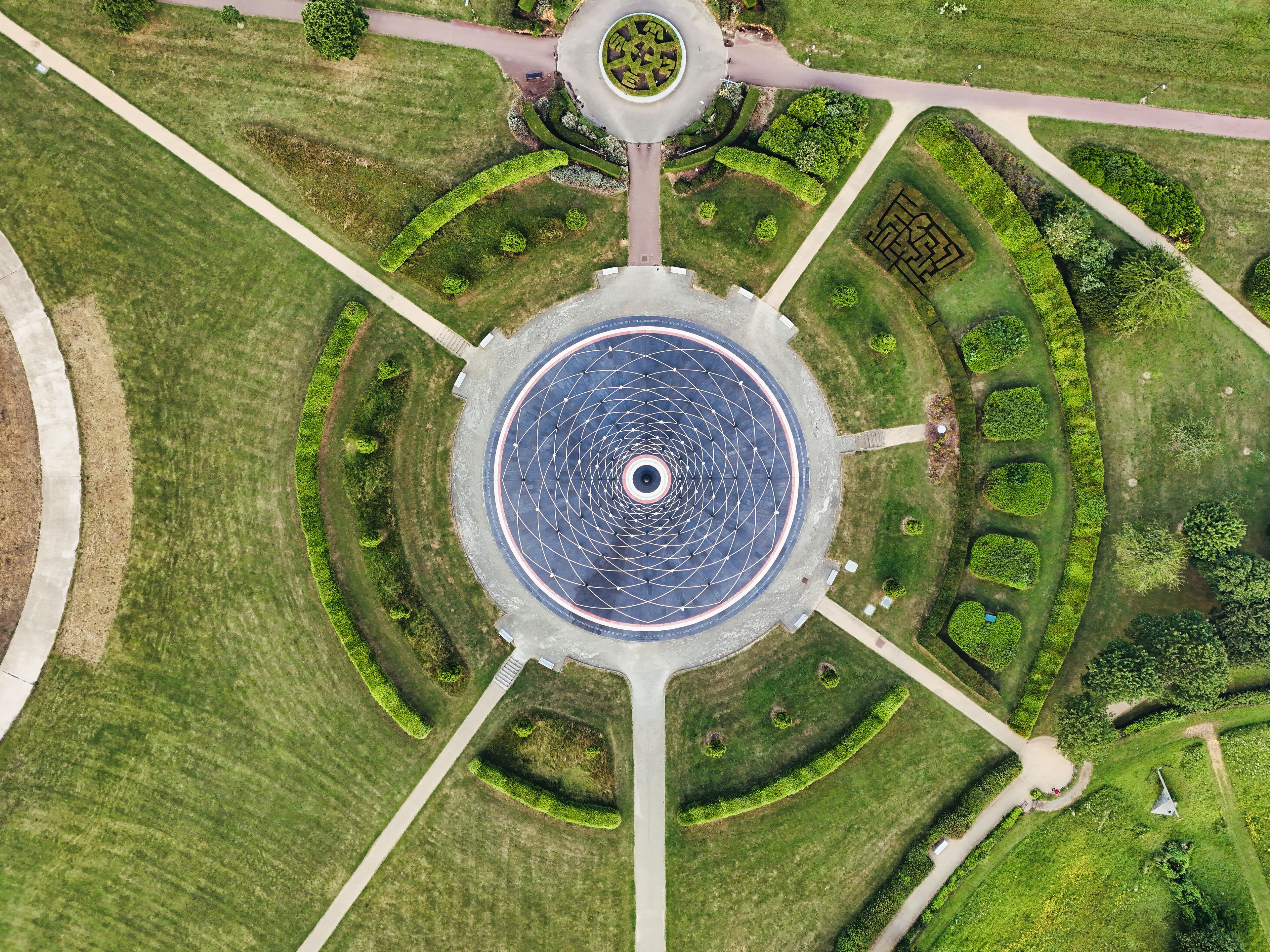 Aerial drone image of the Milton Keynes Rose in Campbell Park in the City of Milton Keynes in England.