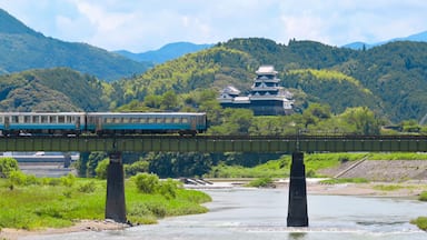 A train crossing a bridge over a river with a castle in the background.