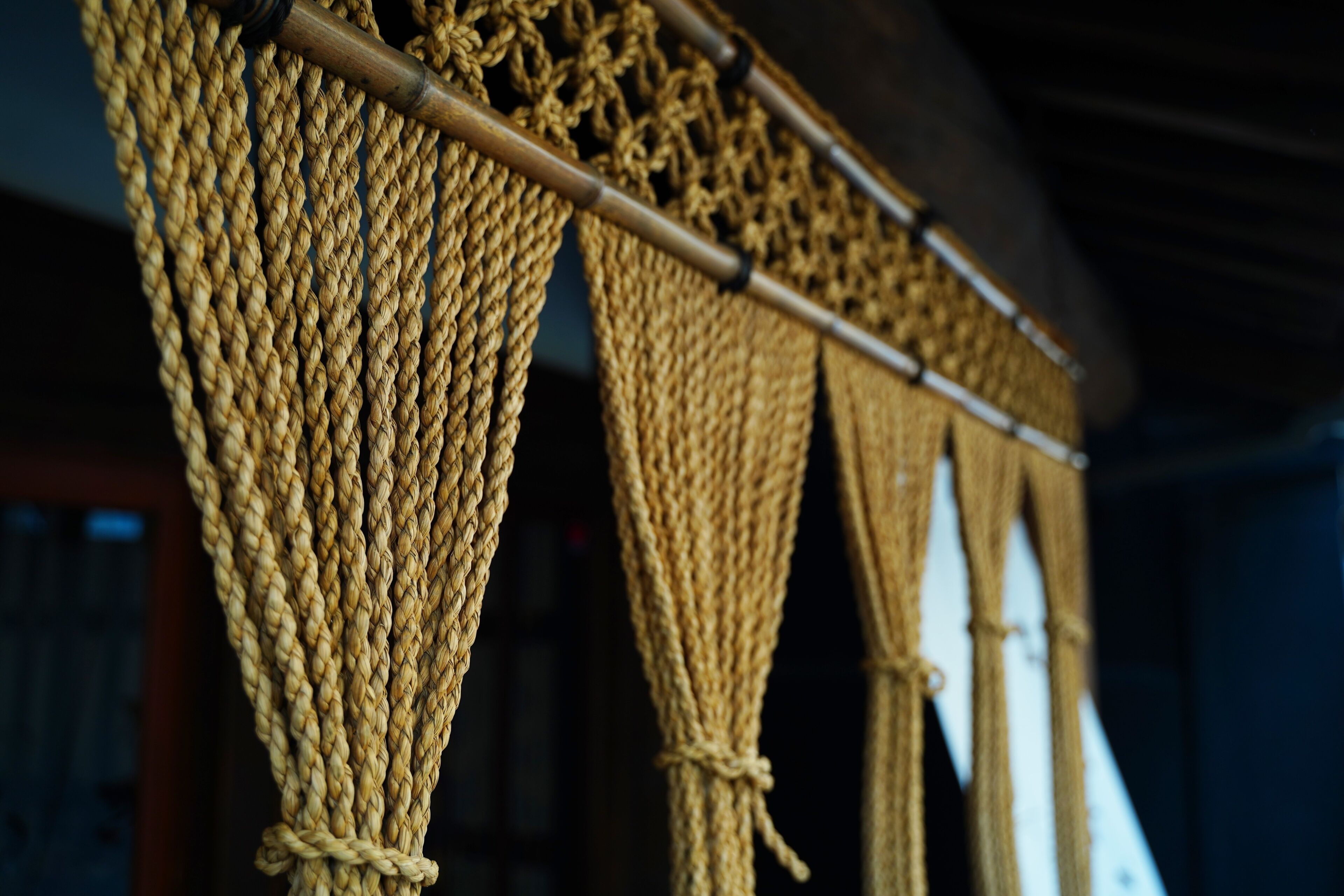Japanese rope curtain at entrance of shop. Koedo Kawagoe, Saitama, Japan.Nawanoren.
