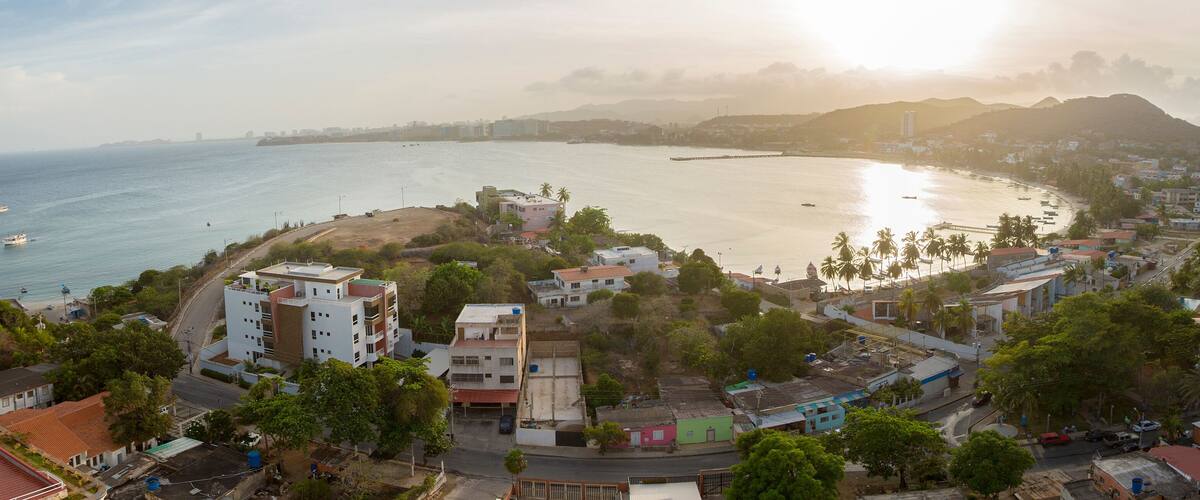 A coastal cityscape with a large bay, buildings, and palm trees.