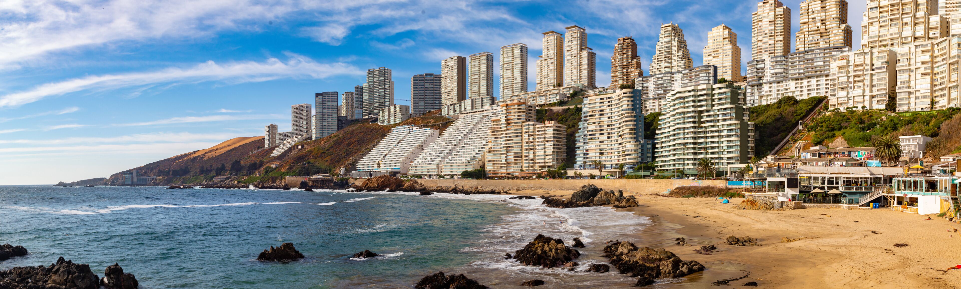 panoramic view of buildings on Cochoa beach, Vina del Mar, Valparaiso, Chile