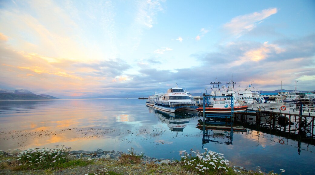 Ushuaia showing a marina, a lake or waterhole and a sunset