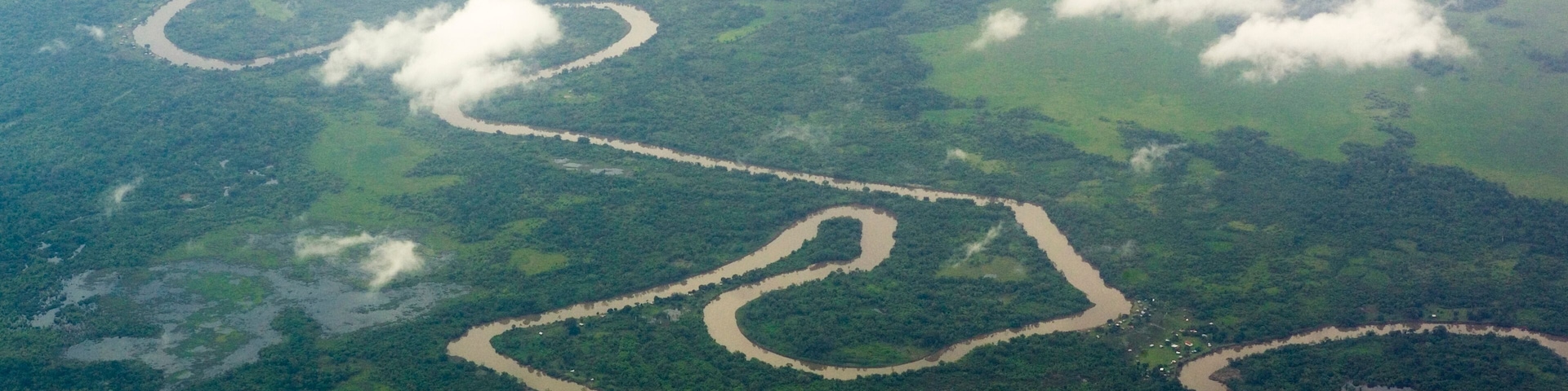 From an aerial view, numerous twists and turns cutting through the lush rainforest can be seen of the Wawu River, Nicaragua.