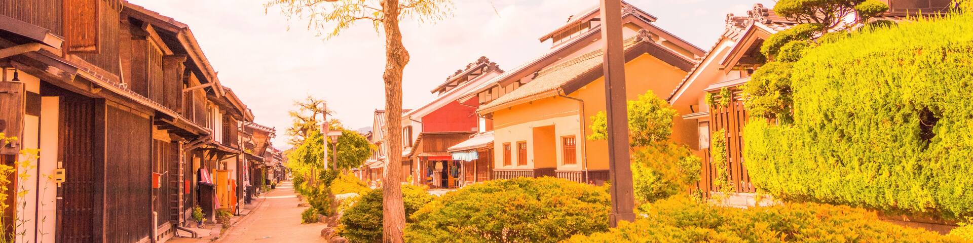A road and The old town of Unno-juku is a post town and dozens of old buildings have been beautifully preserved for the travelers of Hokkoku Road in Tomi-shi, Nagano Prefecture, JAPAN.