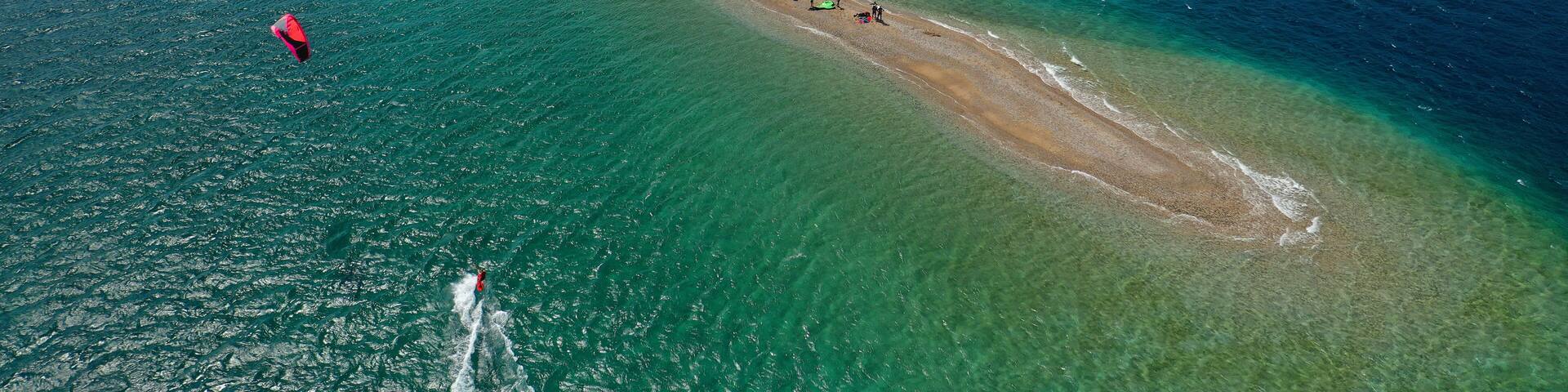 Aerial drone photo of popular to kite surfers sand bar and beach of Drepano, Achaia, Patra, Greece