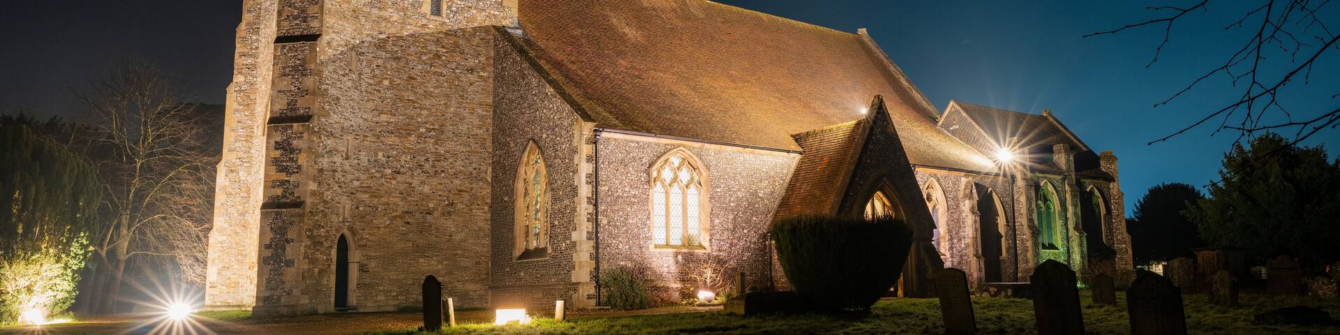 St Marys Church, Thatcham night time shot with starry sky view, UK