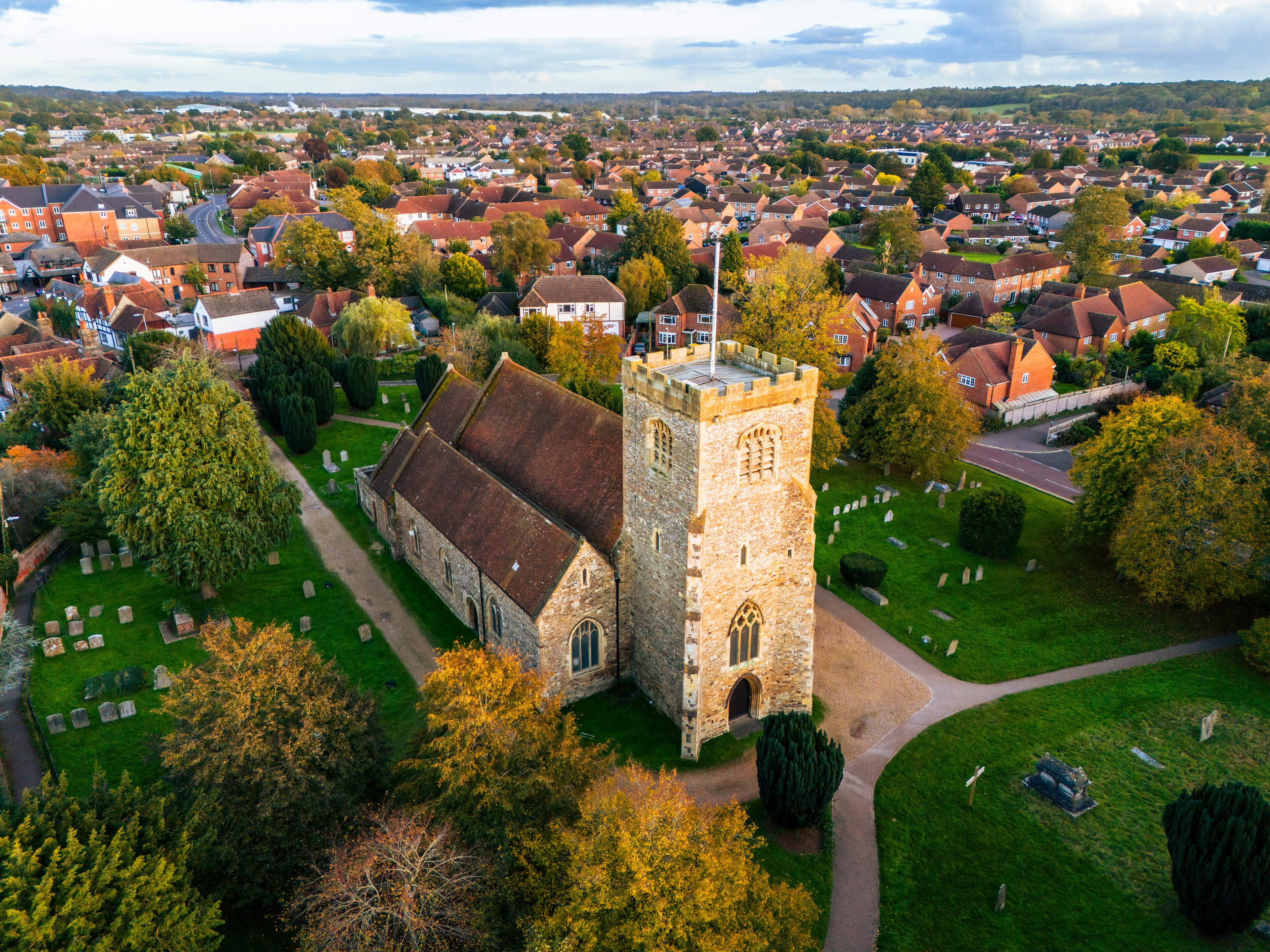 St Marys Church, Thatcham in Autumnal Colours Aerial view, UK