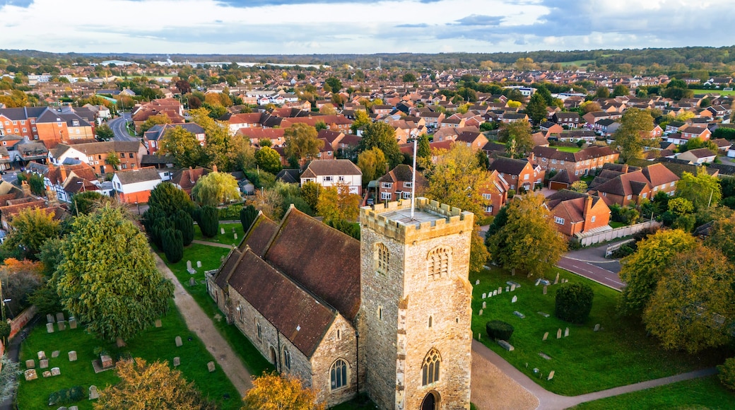 St Marys Church, Thatcham in Autumnal Colours Aerial view, UK