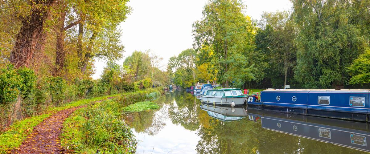 A narrow waterway flanked by lush greenery and trees, with boats docked along the banks.