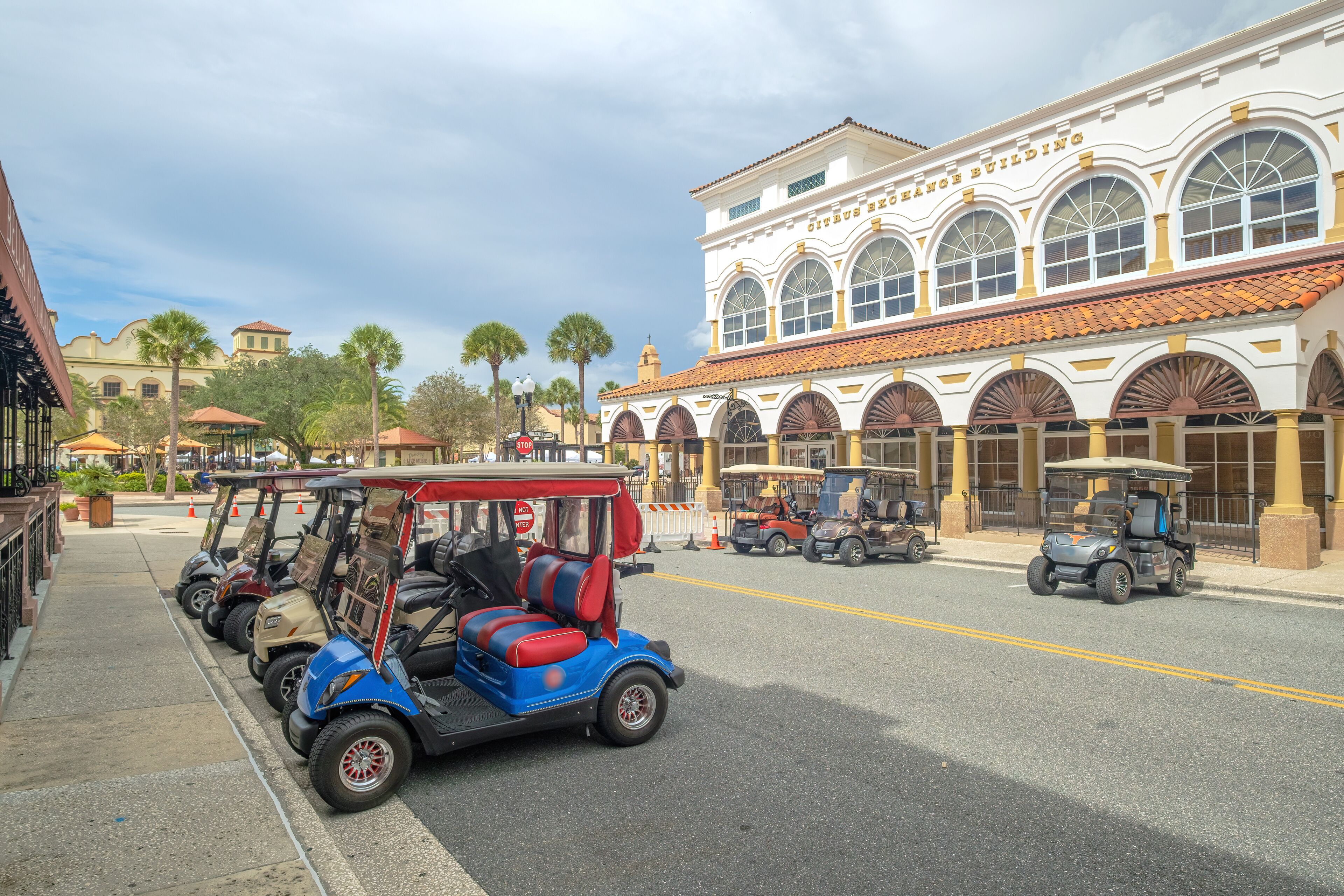 The Villages central square and golf carts Florida.