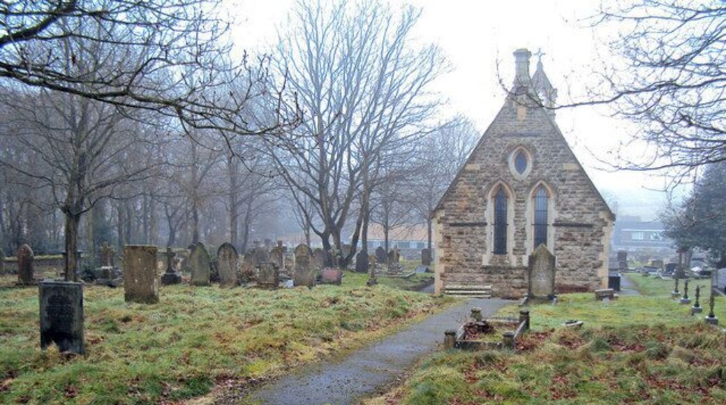 Chapel of rest at Annesley cemetery From near the church looking west across the cemetery on a misty day.