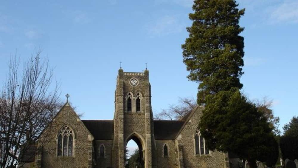 A church with a tall tower, arched entrance, and a large tree in front.