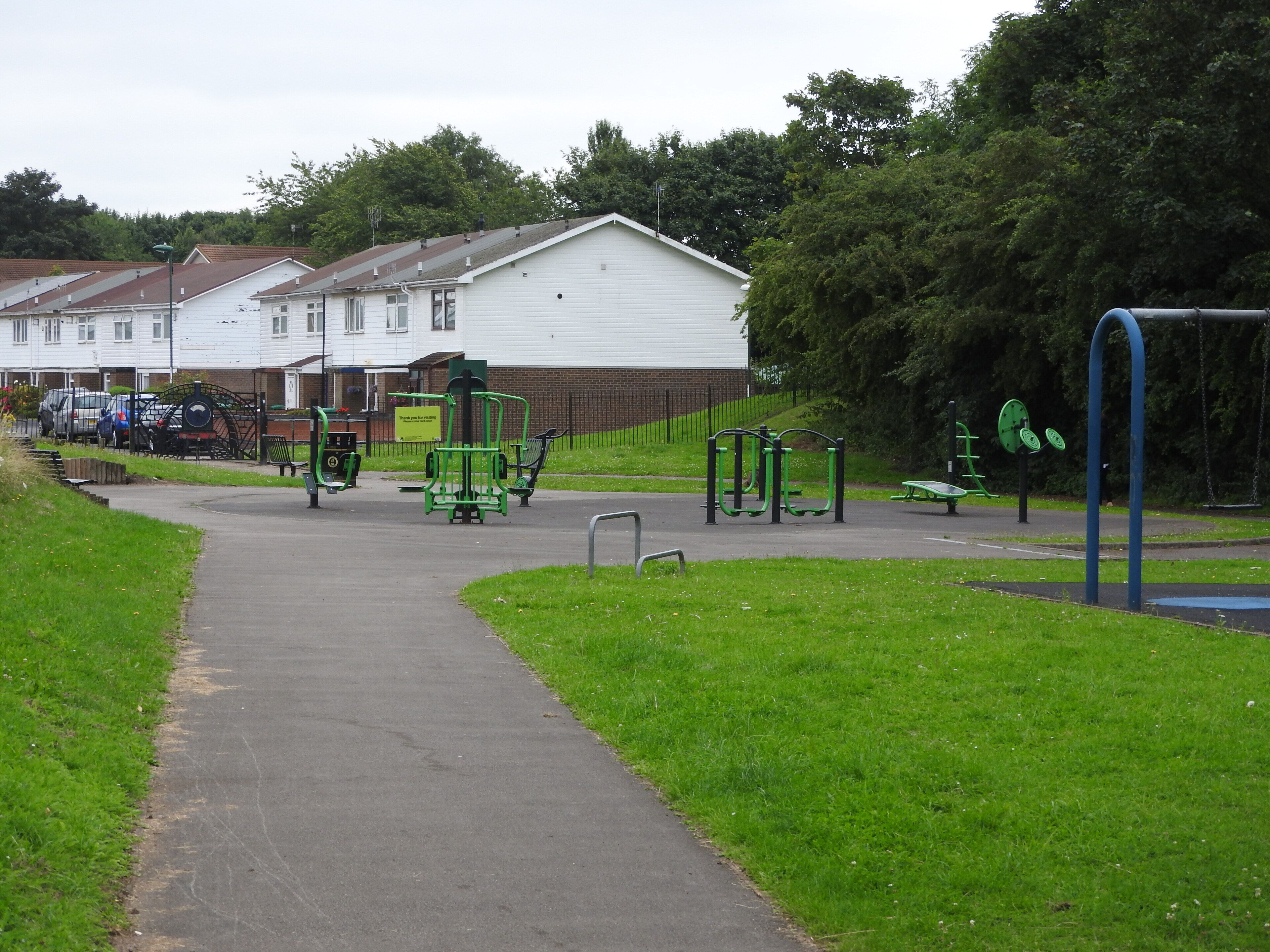 Play equipment at Peggy's Park on the former Great Northern Railway railway track. Peggy's Park named in memory of Glenis Pegg.