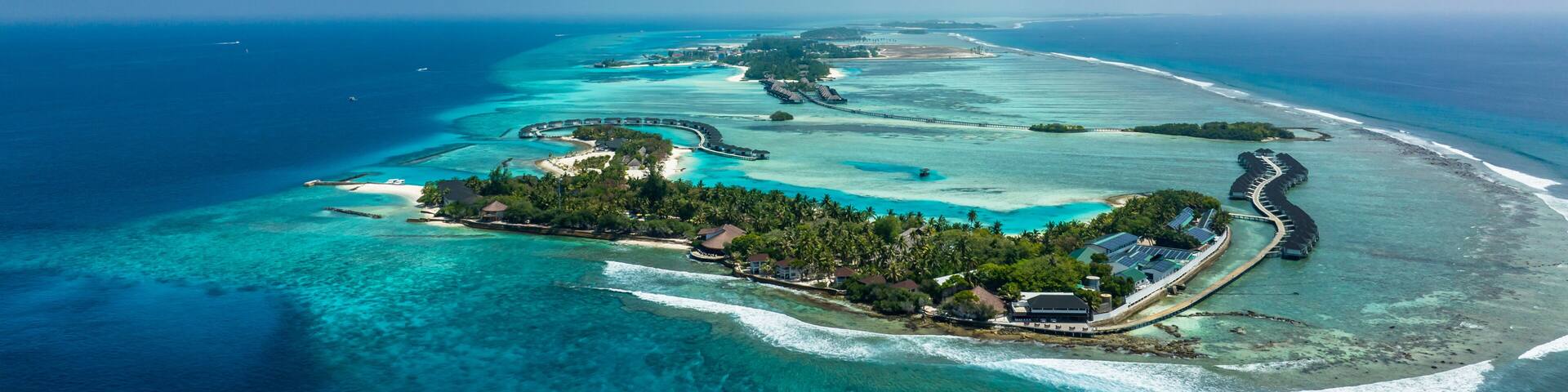 aerial view, Asia, Maldives, North Male Atoll, Kanuhuraa, Cinnamon Dhonveli Maldives, with beaches and water bungalows