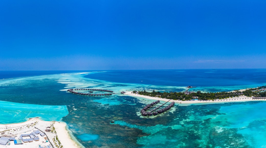 Aerial view, island Olhuveli with Waterbungalows, South Male Atoll, Maldives
