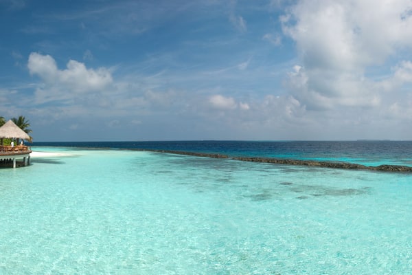 Une plage à l’eau turquoise et limpide, une structure sur pilotis recouverte de chaume et des palmiers.