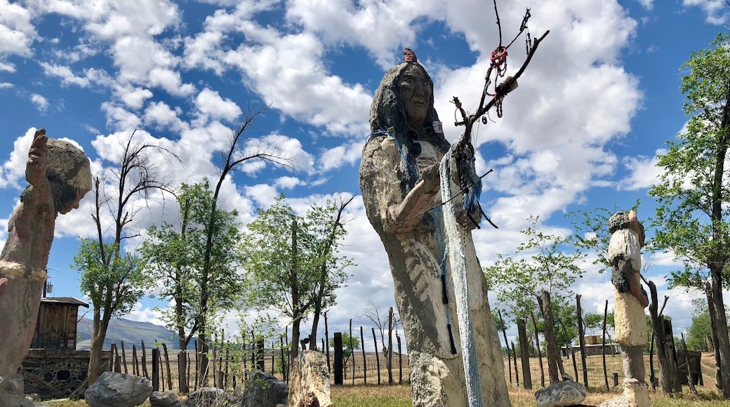 Located about 35 miles west of Winnemucca and visible from I80, the Thunder Mountain Monument was built by Frank Van Zant aka 'Chief Rolling Mountain Thunder' (1921-1989). He moved here in 1968 with his wife and three small children. He started building his unique environment using only discarded items he found within a 50 mile radius of the property. In fact, the only thing he purchased was cement. In 1983 he was named Nevada’s Artist of the Year. Sadly, he committed suicide in 1989. His oldest son now owns the property. The grounds are open to the public.
More info Is available here:
http://www.thundermountainmonument.com/index.htm