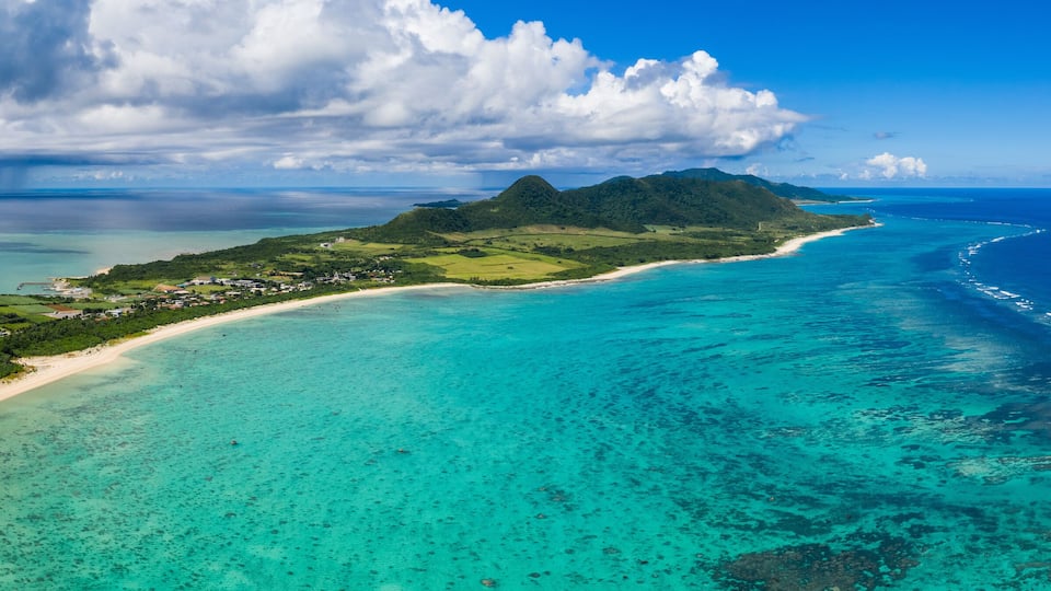 Aerial view of Tropical lagoon of Ishigaki island of Japan