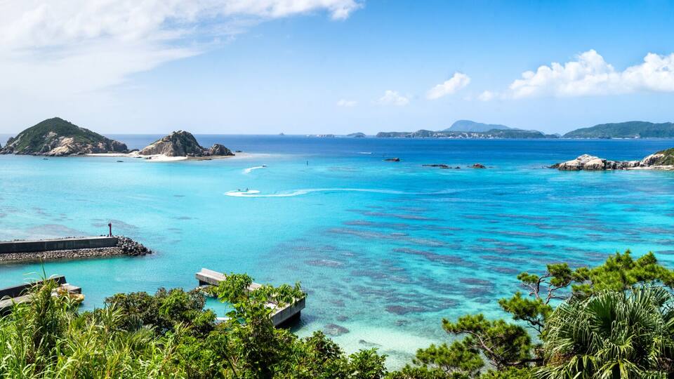 A tropical beach with clear turquoise waters, a pier, and lush greenery.