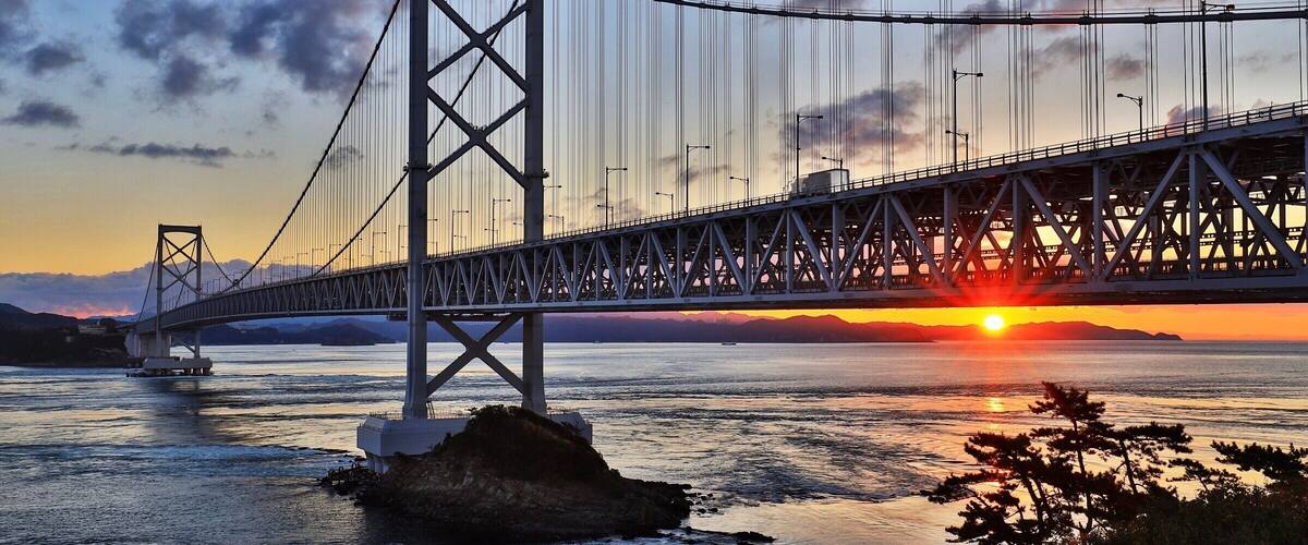 Beautiful sunrise viewed from beside the Onaruto Bridge at Tokushima of Japan.