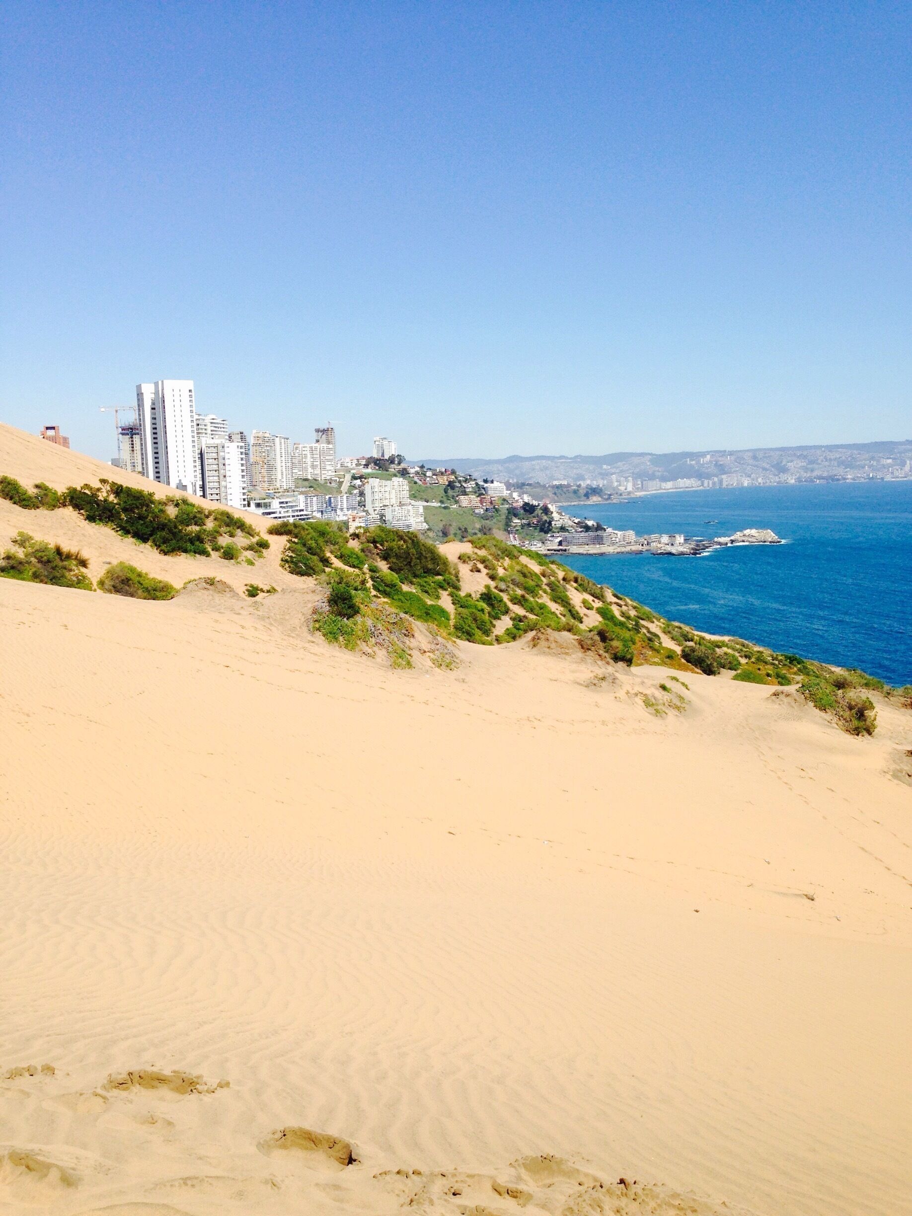 Sand dunes, Pacific Ocean and a city 