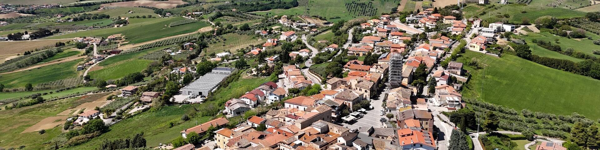 Aerial drone view of Montepagano hill with buildings in the province of Teramo in Italy.