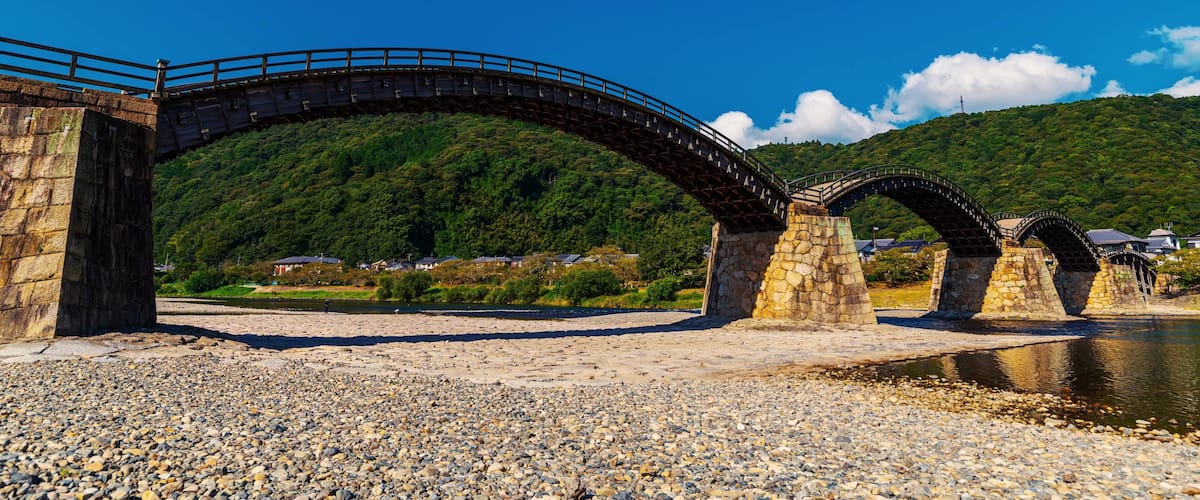 Famous historical wooden arch Kintai Bridge spanning the Nishiki River. Iwakuni, Yamaguchi, Japan