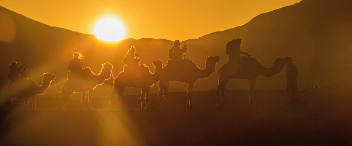 A silhouette of camels and riders against a sunset with mountains in the background.