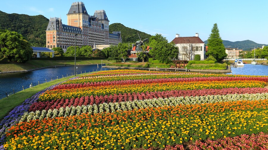 Colorful flower garden near river