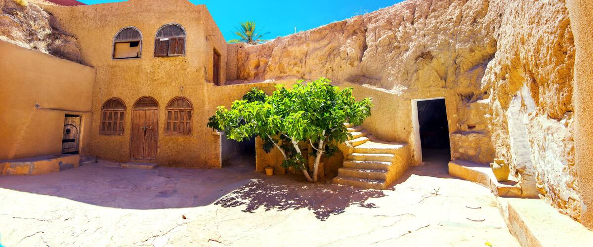 A courtyard with traditional architecture, including arched windows and a tree in the center.