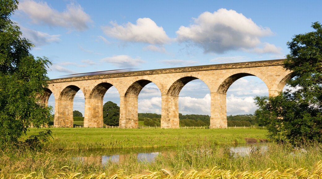 Railway viaduct, no train - the Arthington Viaduct and the mirror calm River Wharfe in West Yorkshire; Shutterstock ID 107768813
