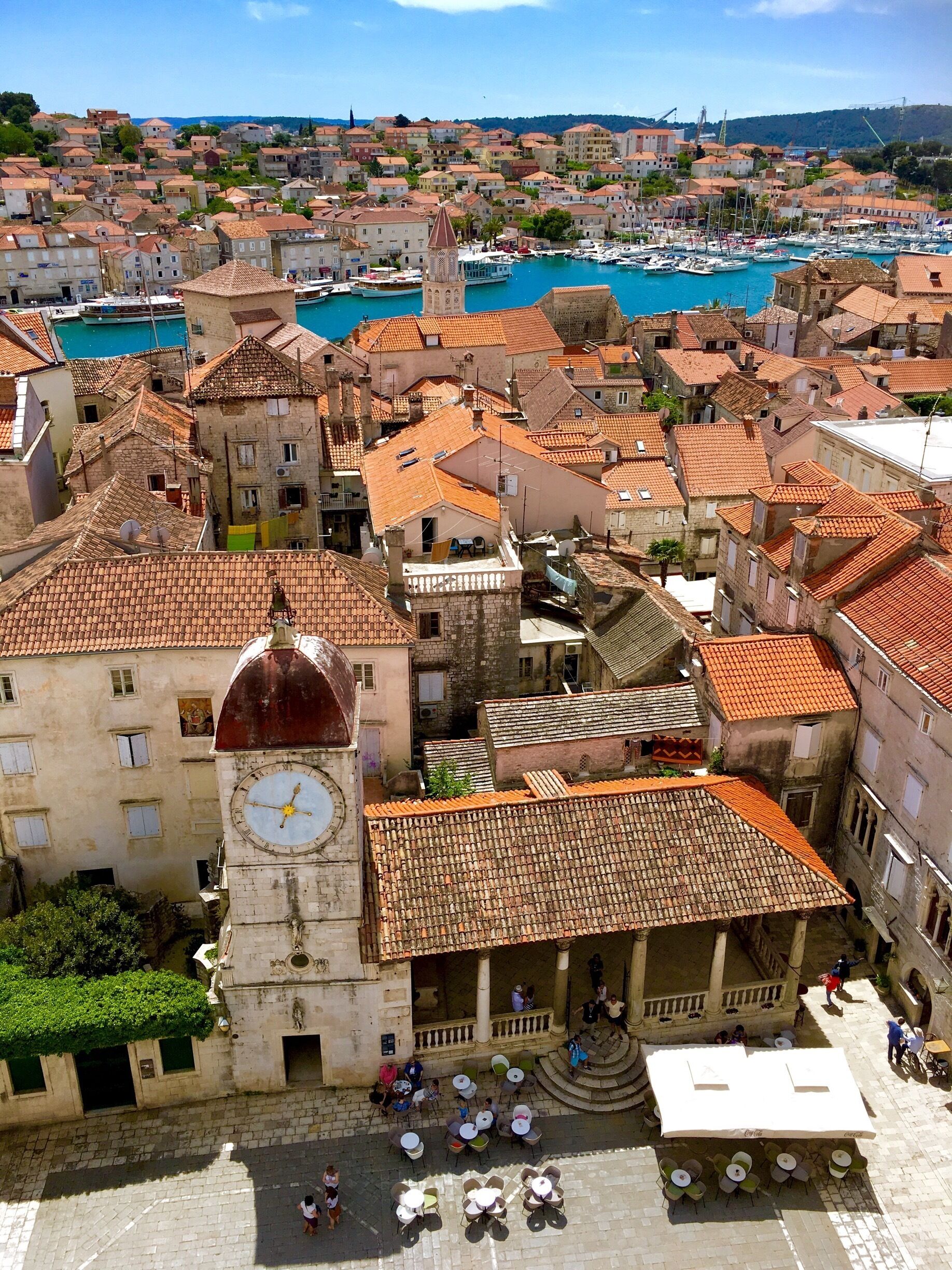 View over the old quarter of Trogir with the city loggia (15th century) from the bell tower of St. Lawrence Cathedral
