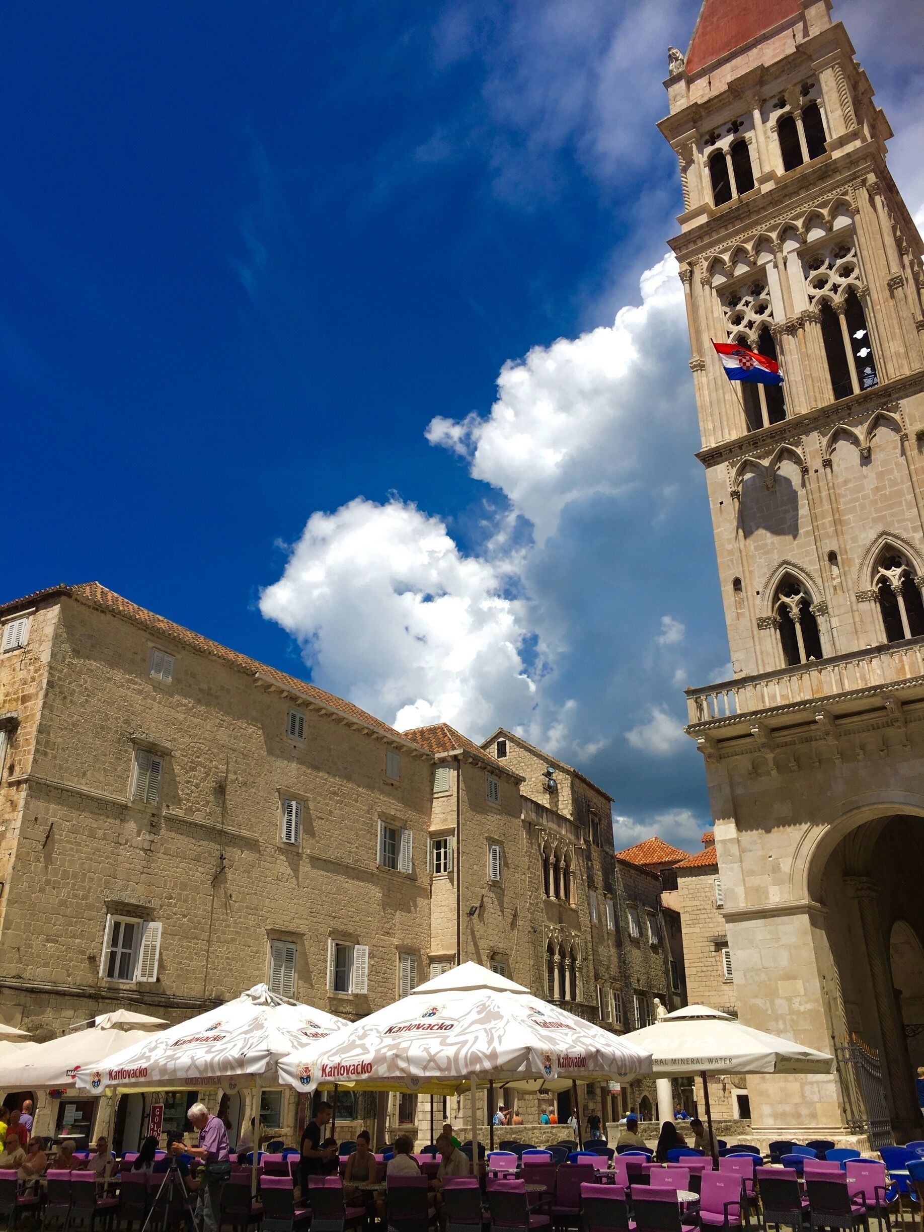 Main square of Trogir with St. Lawrence Cathedral and Cipiko Palace. 
From the bell tower you have a great view over old Trogir. 
