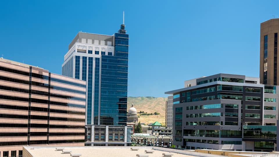 Skyline of downtown Boise Idaho with blue sky