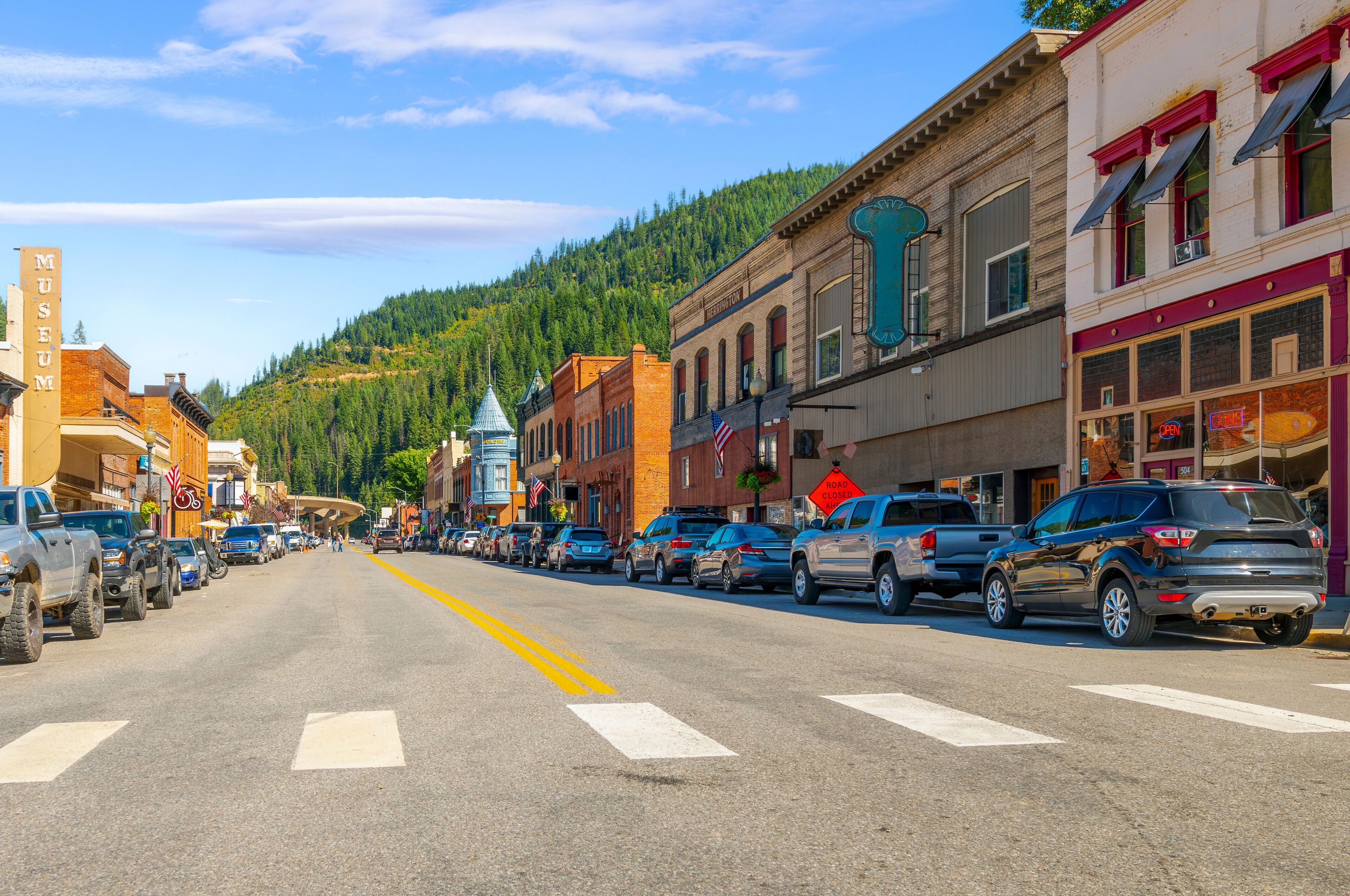 The historic Bank Street, the main street through the downtown business district of Wallace, Idaho, a Silver Valley mining town on the National Register of Historic Places.