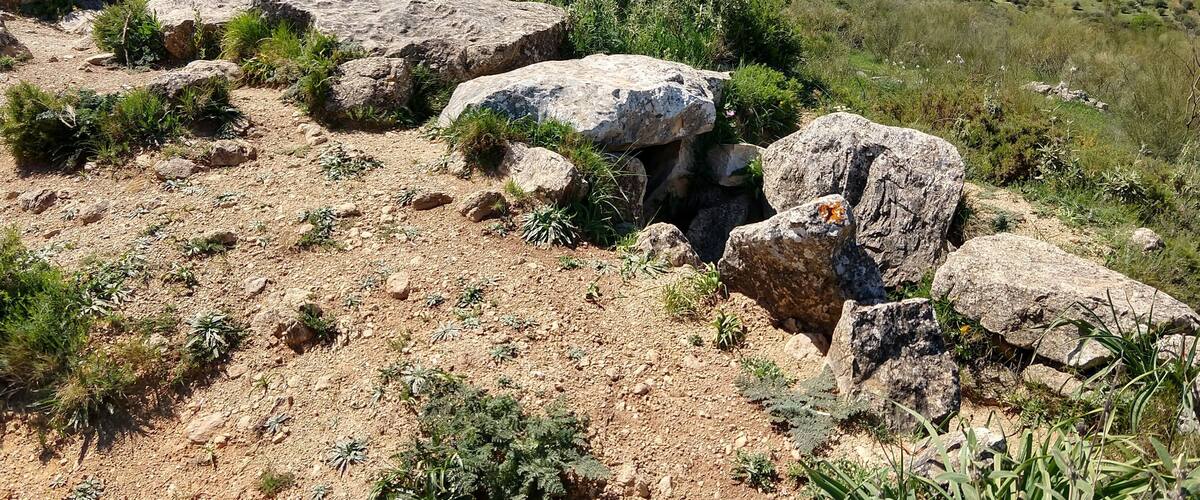 A rocky terrain with large boulders and sparse vegetation.