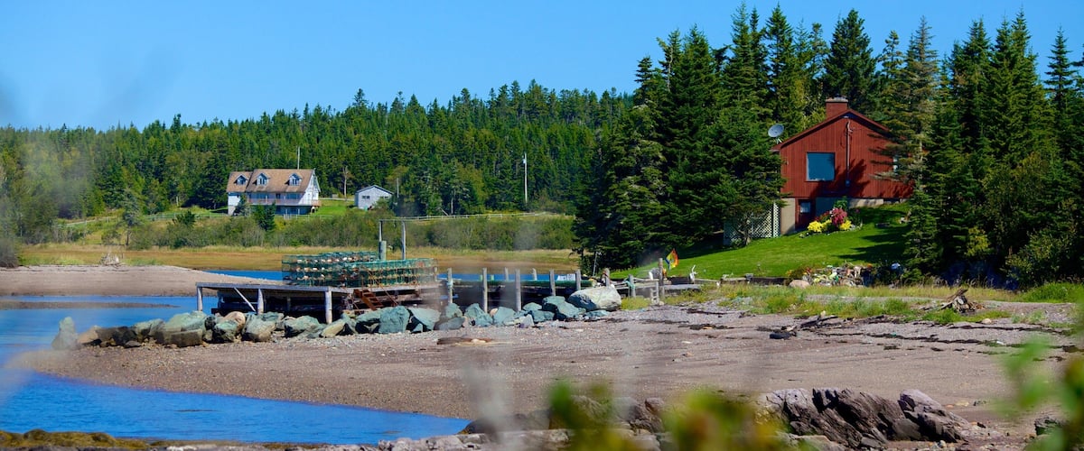 A coastal landscape with a wooden dock, a red house, and a forested hill.