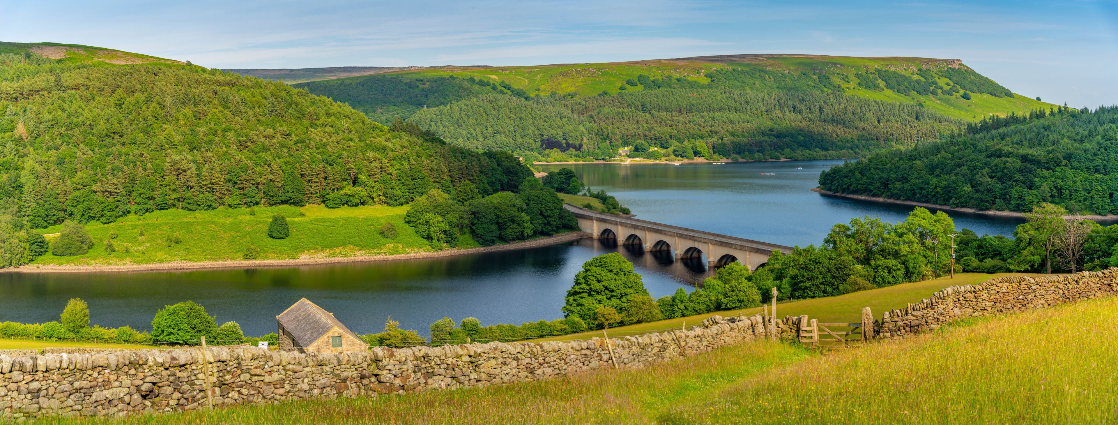 View of Ladybower Reservoir with Bamford Edge visible in the distance, Peak District National Park, Derbyshire