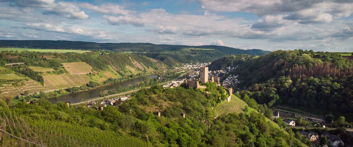 A river winding through a valley with a castle on a hill and a small town below.
