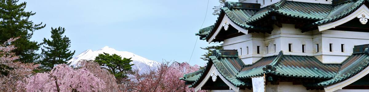 Panoramic iwaki mountain and hirosaki castle in Spring season.