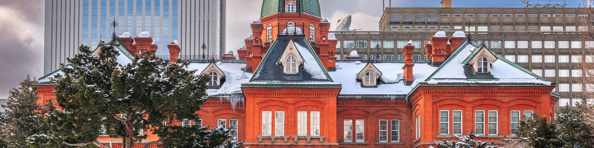 A historic red building with a green dome and snow-covered trees in front.