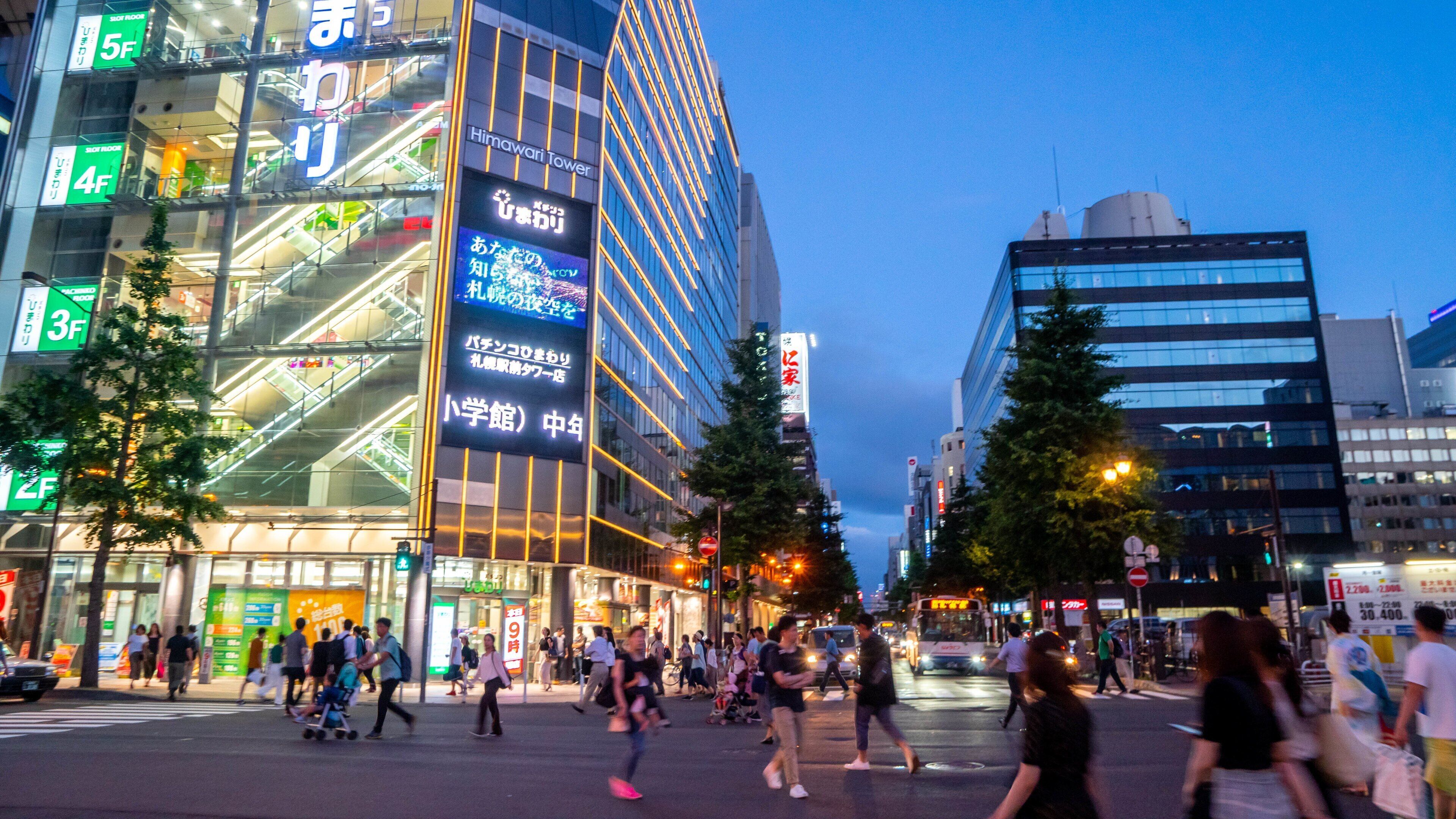 Sapporo which includes night scenes, a city and street scenes